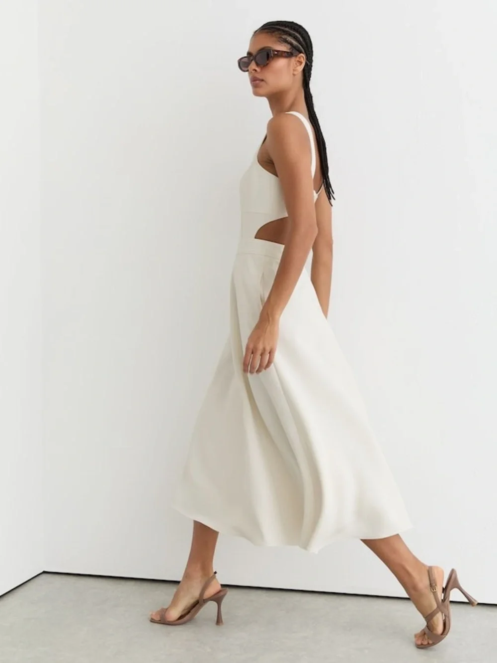 Reiss Ivory Dina Waisted Cut-Out Twill Midi Dress